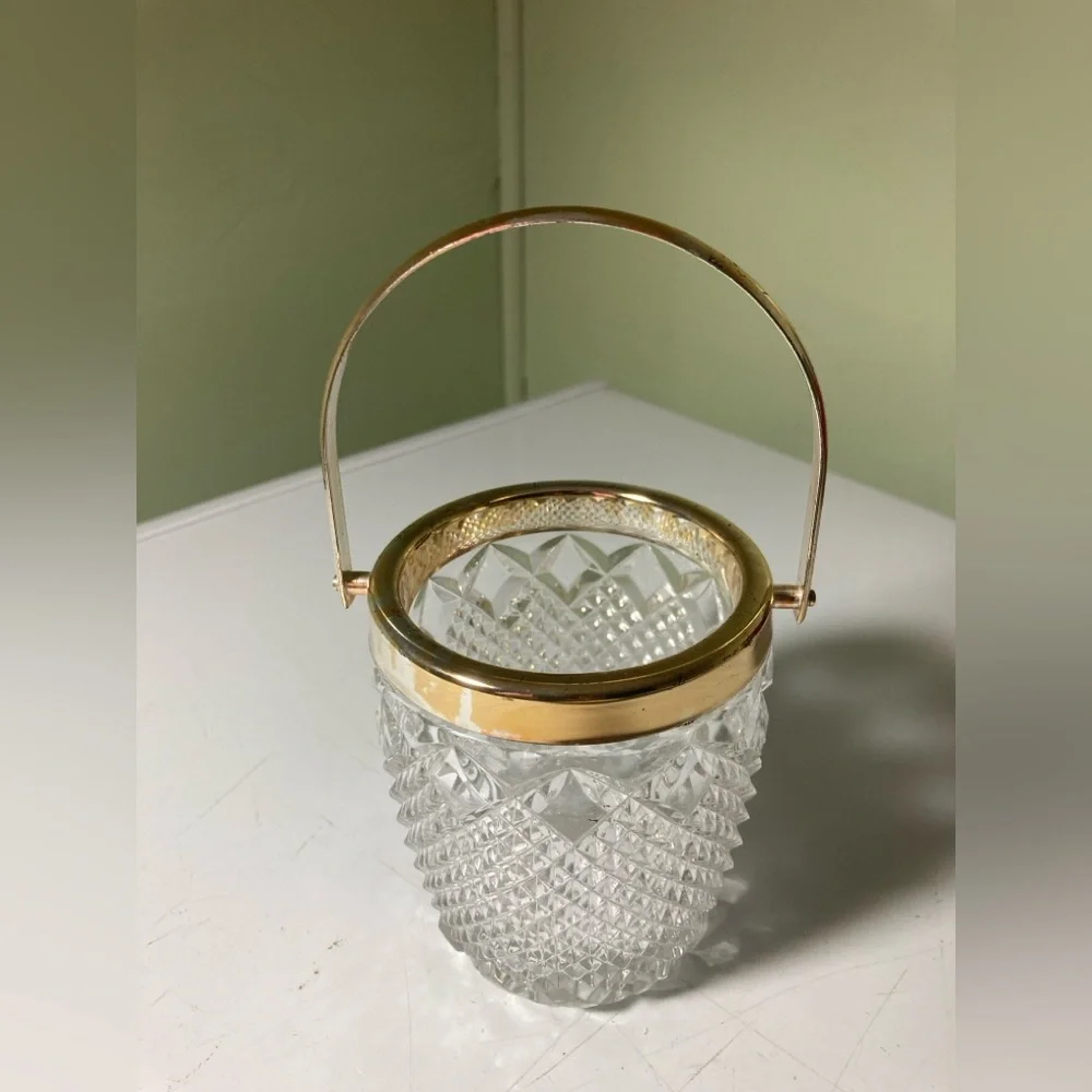 Vintage Crystal Glass Ice Bucket with Gold Handle